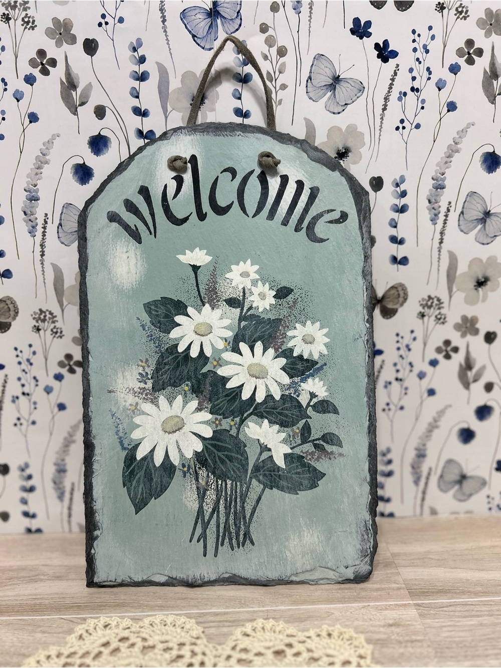 Primitive Country Welcome Daisy Floral Slate Wall Hanging